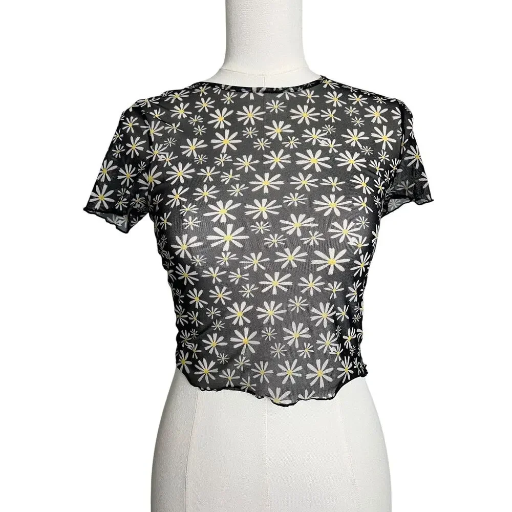 H&M Divided Mesh Crop T-Shirt Teens Small Black Daisy Floral Sheer Festival - Picture 1 of 7